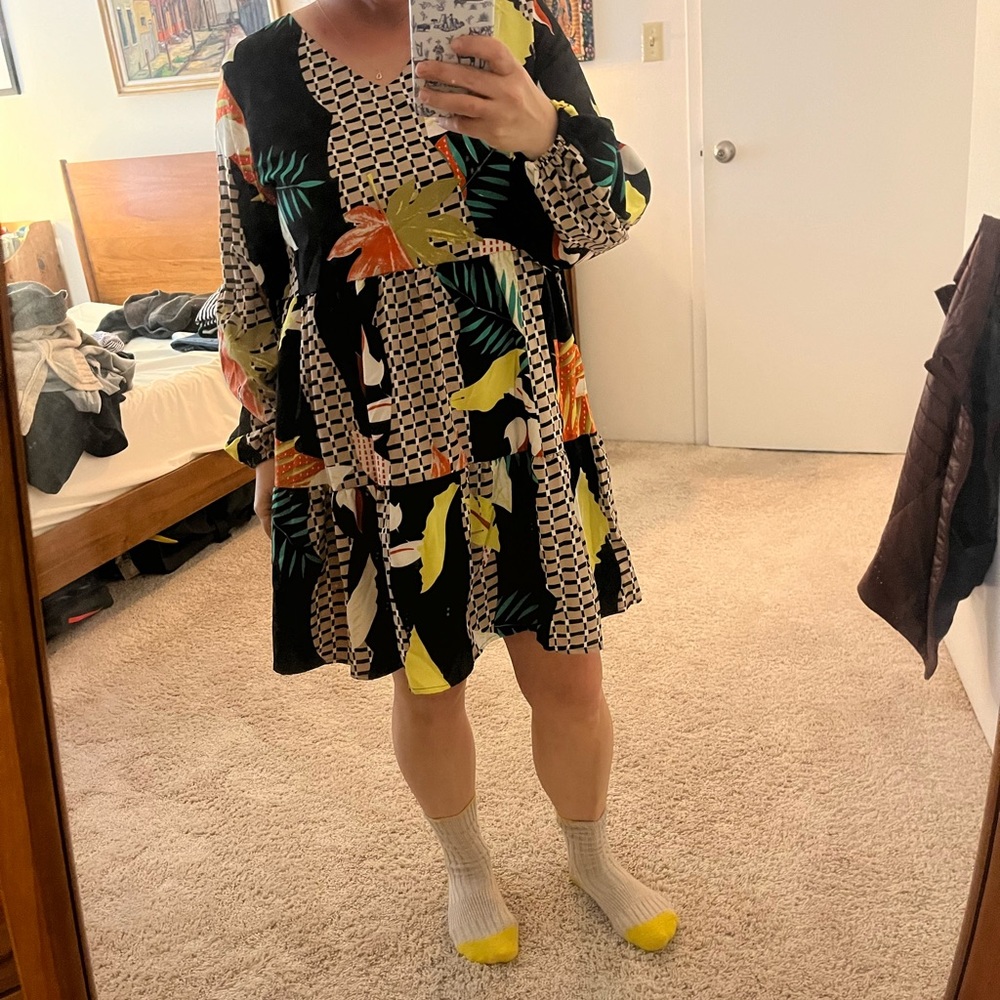 Black Tropical Print Mini Dress